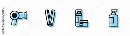 Set line Shaving gel foam, Hair dryer, Curling iron for hair and Bottle of shampoo icon. Vector