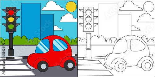Car stop at traffic lights suitable for children's coloring page vector illustration