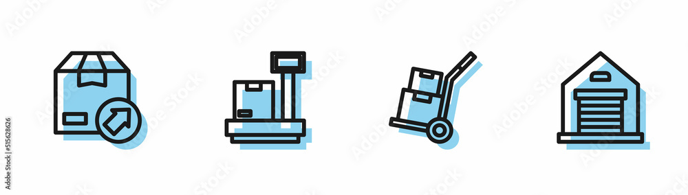 Set line Hand truck and boxes, Carton cardboard, Scale with and Warehouse icon. Vector Set line Hand truck and boxes, Carton cardboard, Scale with and Warehouse icon. Vector