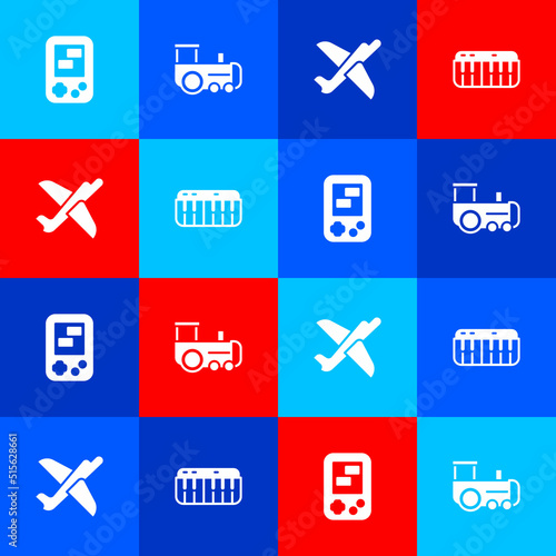 Set Tetris electronic game, Toy train, plane and Music synthesizer icon. Vector