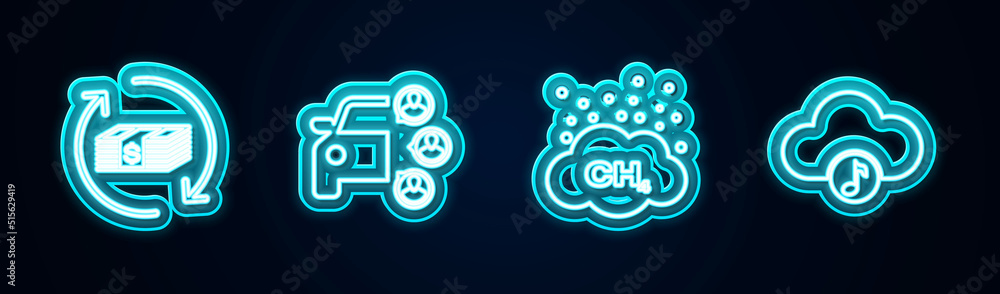 Set line Refund money, Car sharing, Methane emissions reduction and Music streaming service. Glowing neon icon. Vector