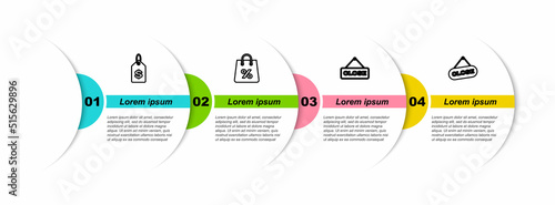Set line Price tag with dollar, Shopping bag percent, Hanging sign Close and . Business infographic template. Vector