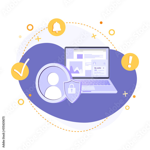 Avatar icon, laptop and shield with lock on abstract background. Flat vector illustration of user protection, personal information, account secure, safe payments, online wallet app and authentication 