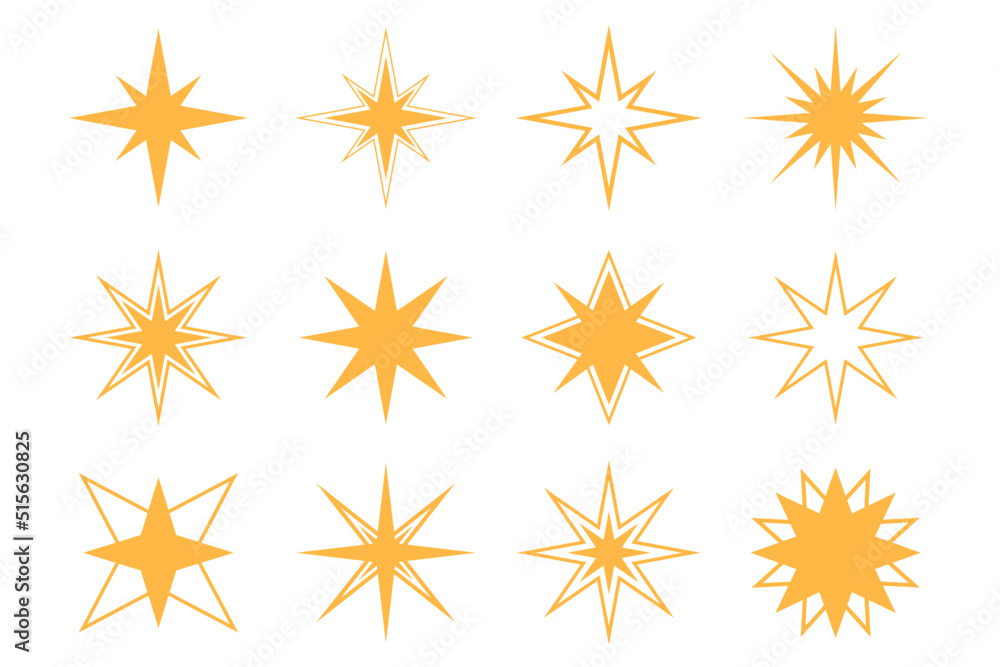 Set of vector stars elements. Yellow vector linear stars. Set of vector stars elements. Yellow vector linear stars.