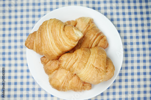 fresh baked croissant on plate with copy space 