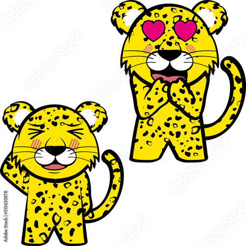 standing chibi leopard kid character cartoon expressions pack collection in vector format