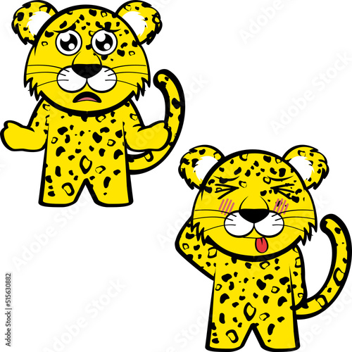standing chibi leopard kid character cartoon expressions pack collection in vector format