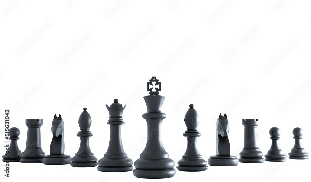 3D closeup line up of black chess in white background illiustration , 3D rendering chess concept and blank area for copy space 3D closeup line up of black chess in white background illiustration , 3D rendering chess concept and blank area for copy space