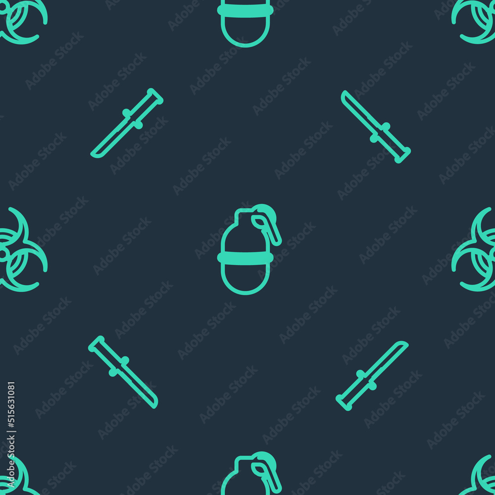 Set line Hand grenade, Military knife and Biohazard symbol on seamless pattern. Vector Set line Hand grenade, Military knife and Biohazard symbol on seamless pattern. Vector