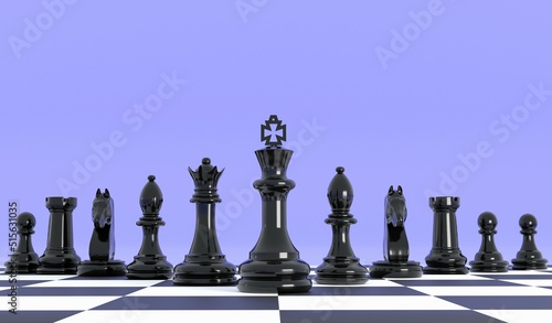 3D closeup line up of black chess in purple background illiustration , 3D rendering chess concept and blank area for copy space