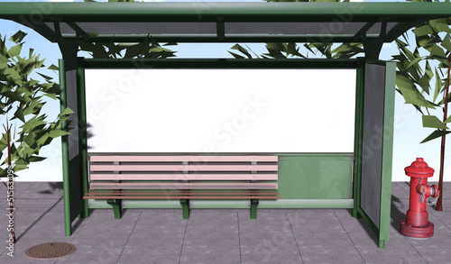 3D illustration front view bus stop and front blankboard for copy space , message, information, text , advertisement , announcement and other , 3D rendering background photo