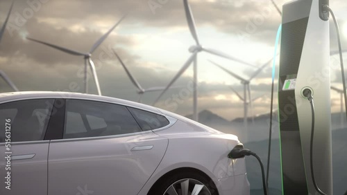 Animation with an electric car connected to the charger. Concept of the alternative energy industry. Sustainable resources. Using wind to produce electricity by wind turbines. 3D animation