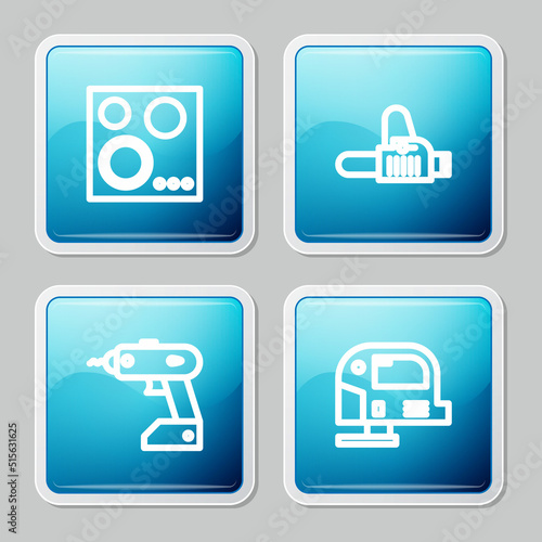 Set line Gas stove, Chainsaw, Electric cordless screwdriver and jigsaw icon. Vector