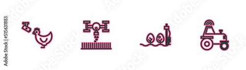 Set line Chicken farm and camera, Standalone sensor plant, Smart with drone and Wireless tractor smart icon. Vector