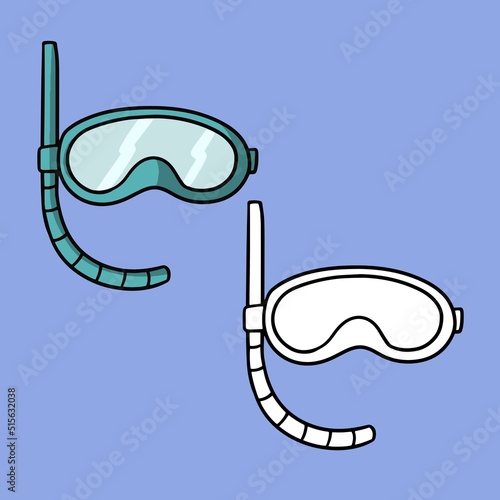 A set of pictures, a scuba diving mask with a breathing tube, a vector illustration in cartoon style