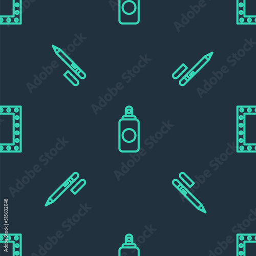 Set line Spray can, Eyeliner, eyebrow and Makeup mirror with lights on seamless pattern. Vector