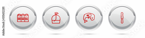 Set line Trash in garbage cans sorted, Bottle of liquid soap, Environment protection whale dead and Disposable plastic knife. Silver circle button. Vector