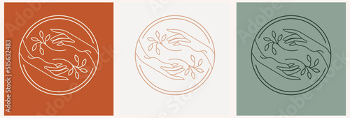 Vector abstract logo design template in trendy linear minimal style - hands and leaf - abstract symbol for cosmetics and packaging, jewellery, hand crafted or beauty products