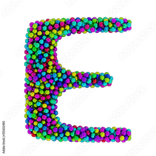 Letter E made of colored metal balls, isolated on white, 3d rendering