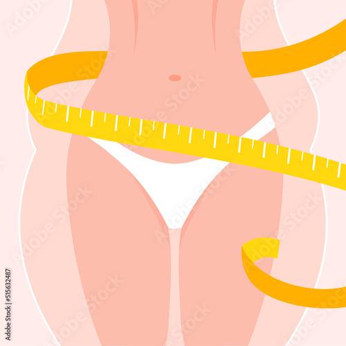 From overweight to slim. Beauty woman body with tape measure entwined around. Losing weight concept. Perfect toned young girl. Vector illustration isolated.