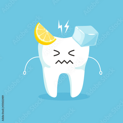 Sensitive cartoon teeth with ice and lemon. Dental care concept. Vector illustration isolated on blue background.