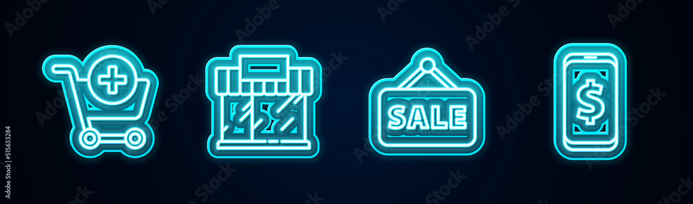 Set line Add to Shopping cart, building or market store, Hanging sign with Sale and Smartphone dollar. Glowing neon icon. Vector Set line Add to Shopping cart, building or market store, Hanging sign with Sale and Smartphone dollar. Glowing neon icon. Vector