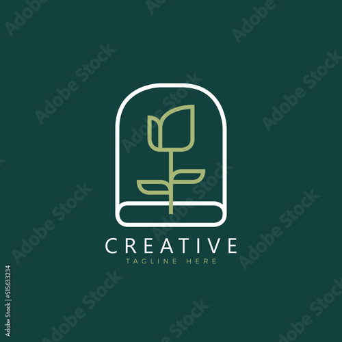 Plant in square frame logo. Outline nature line logo concept. Botanical icon for farm, company, beauty, flourish vector illustration