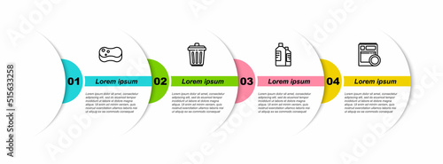 Set line Sponge, Trash can, Bottles for cleaning agent and Kitchen dishwasher machine. Business infographic template. Vector