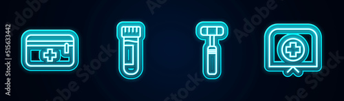 Set line First aid kit, Test tube with blood, Neurology reflex hammer and Nurse hat cross. Glowing neon icon. Vector