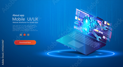 Technical support. Remote access and control of the laptop via an Internet connection. Technical support around the world. Modern illustration in isometric style. Computer technology concept. Vector