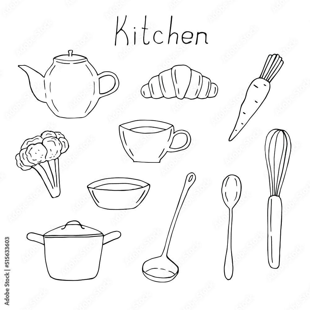 Set of kitchen utensils and food vector illustration, hand drawing doodles