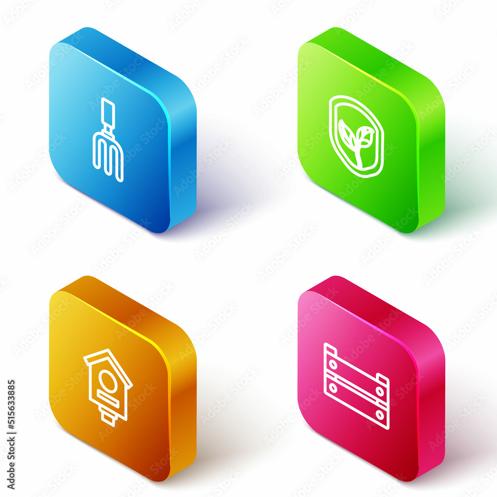 Set Isometric line Garden rake, Shield with leaf, Bird house and Wooden box icon. Vector Set Isometric line Garden rake, Shield with leaf, Bird house and Wooden box icon. Vector