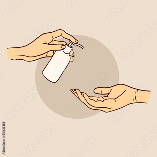 vector illustration of hands with care product in a simple hand-drawn style