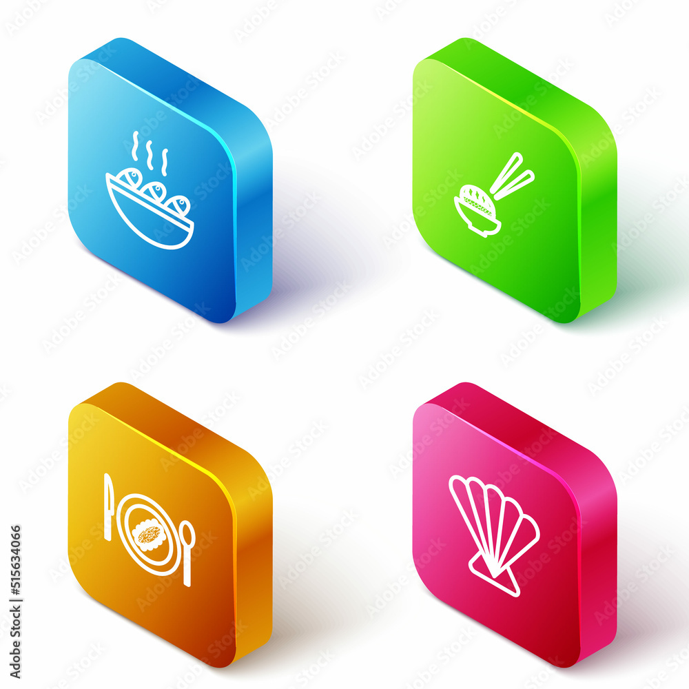 Set Isometric line Fish soup, Sushi, Served cucumber on a plate and Scallop sea shell icon. Vector Set Isometric line Fish soup, Sushi, Served cucumber on a plate and Scallop sea shell icon. Vector