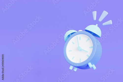 Blue retro alarm clock icon. Simple 3d illustration on purple background.
