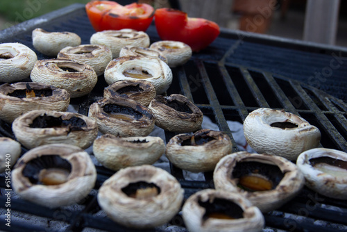 organic mushrooms and vegetables cooked on the barbecue