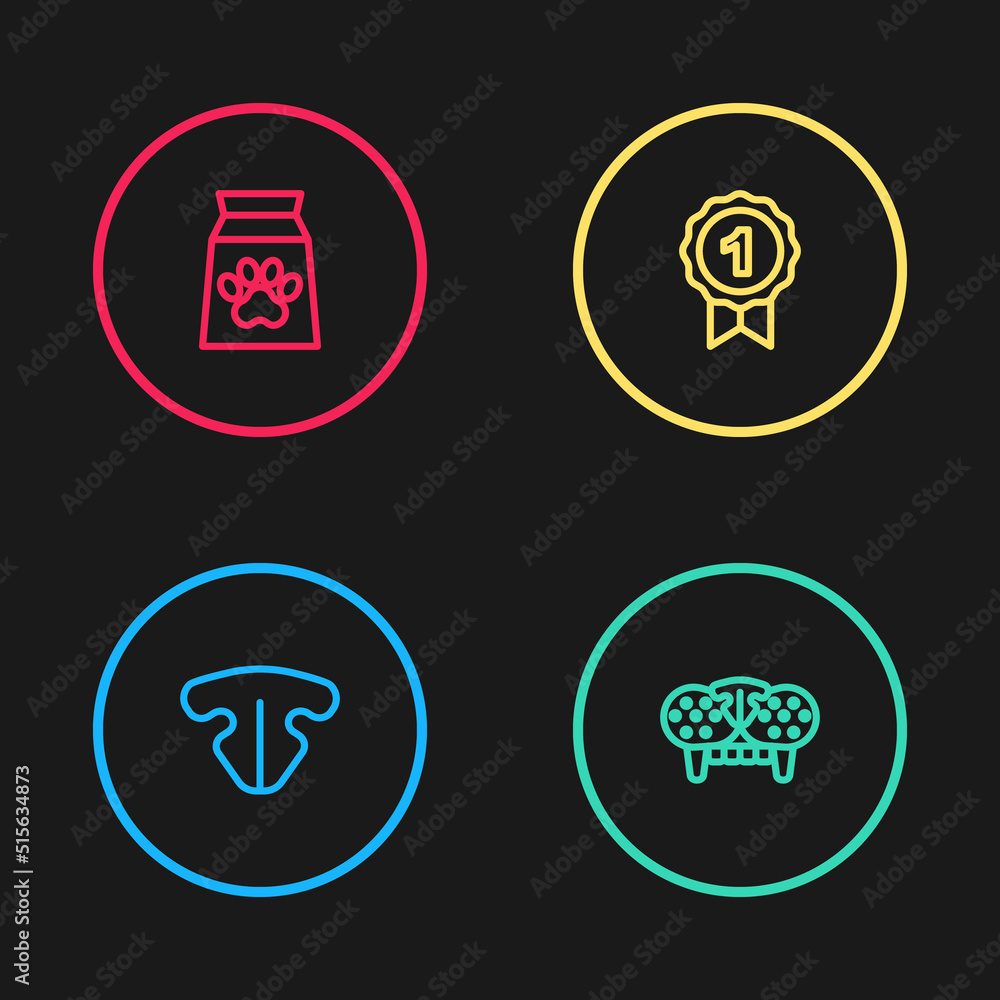 Set line Cat nose, tooth, Dog award symbol and Bag of food for pet icon. Vector Set line Cat nose, tooth, Dog award symbol and Bag of food for pet icon. Vector