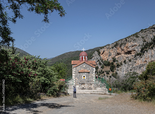 View of the Church of Ayios Athanasios in Timios Prodromos Monastery, located near Semnitsa village, above Lousios gorge, Arcadia, Peloponnese, Greece. photo