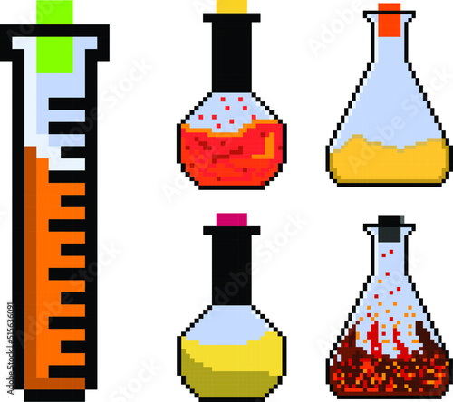 pixel art test tube, science Laboratory glassware pixel set.