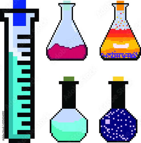 pixel art test tube, science Laboratory glassware pixel set.