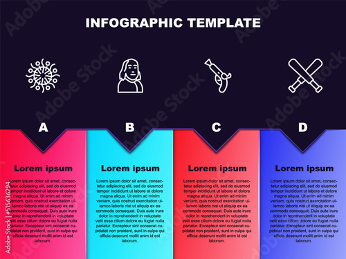 Set line Firework, Benjamin Franklin, Vintage pistols and Crossed baseball bat. Business infographic template. Vector