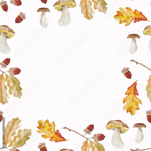 Watercolor autumn frame with colorful oak leaves  mushrooms and acorns for textile  napkins  decorations  