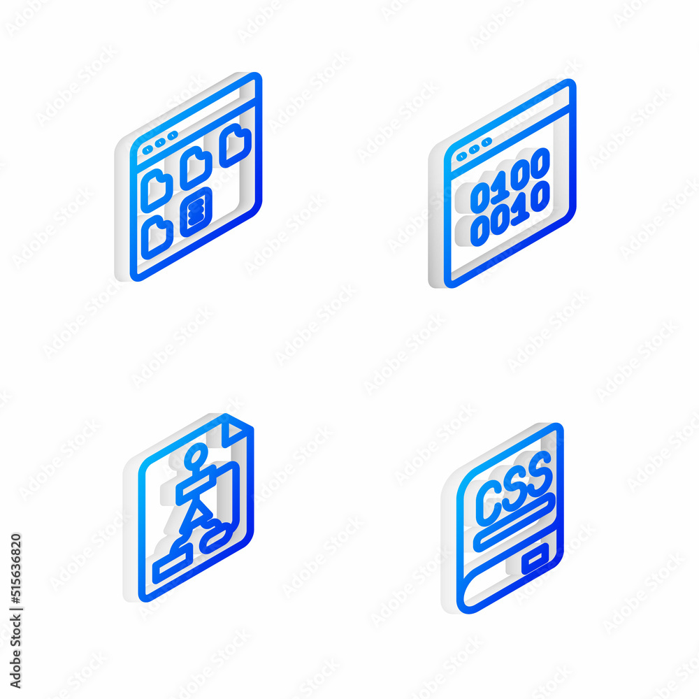 Set Isometric line Binary code, Browser files, Flowchart and Books about programming icon. Vector Set Isometric line Binary code, Browser files, Flowchart and Books about programming icon. Vector