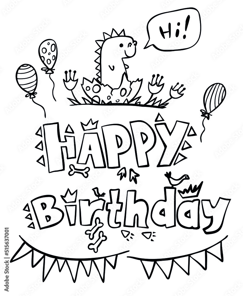 Dinosaur and Lettering Happy Birthday isolated on white. Vector ...