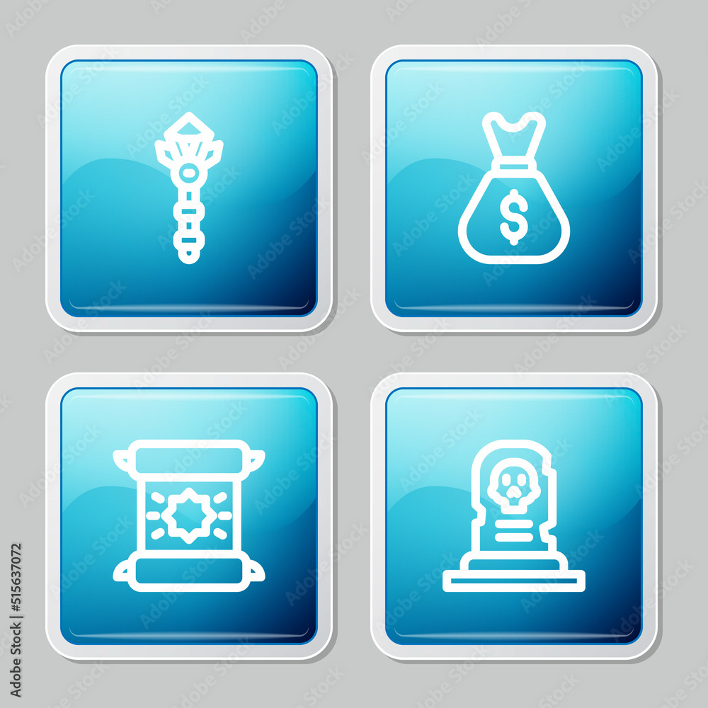 Set line Magic wand, Old money bag, Decree, parchment, scroll and Grave with tombstone icon. Vector