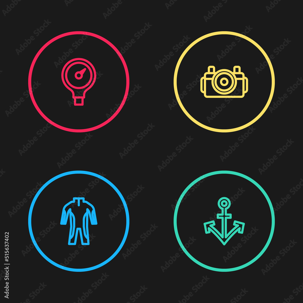 Set line Wetsuit for scuba diving, Anchor, Photo camera diver and Gauge scale icon. Vector