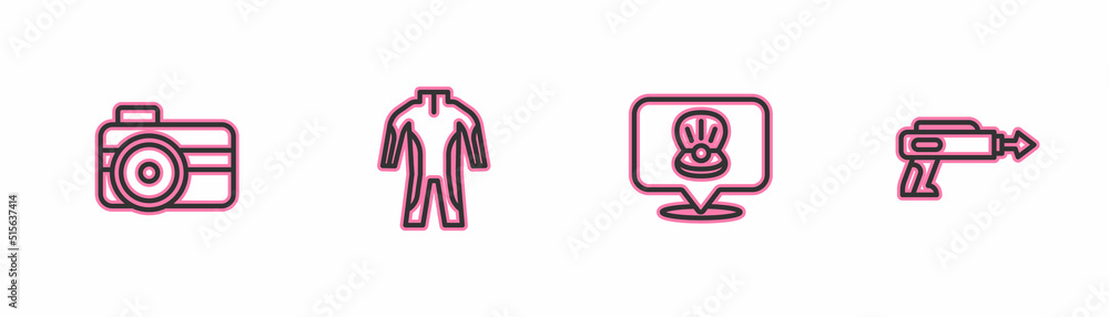 Set line Photo camera for diver, Scallop sea shell, Wetsuit scuba diving and Fishing harpoon icon. Vector Set line Photo camera for diver, Scallop sea shell, Wetsuit scuba diving and Fishing harpoon icon. Vector