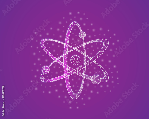 Atom low poly symbol with white connected dots. 3d geometric polygonal Model of molecule. Atomic neutron, nuclear design vector illustration.