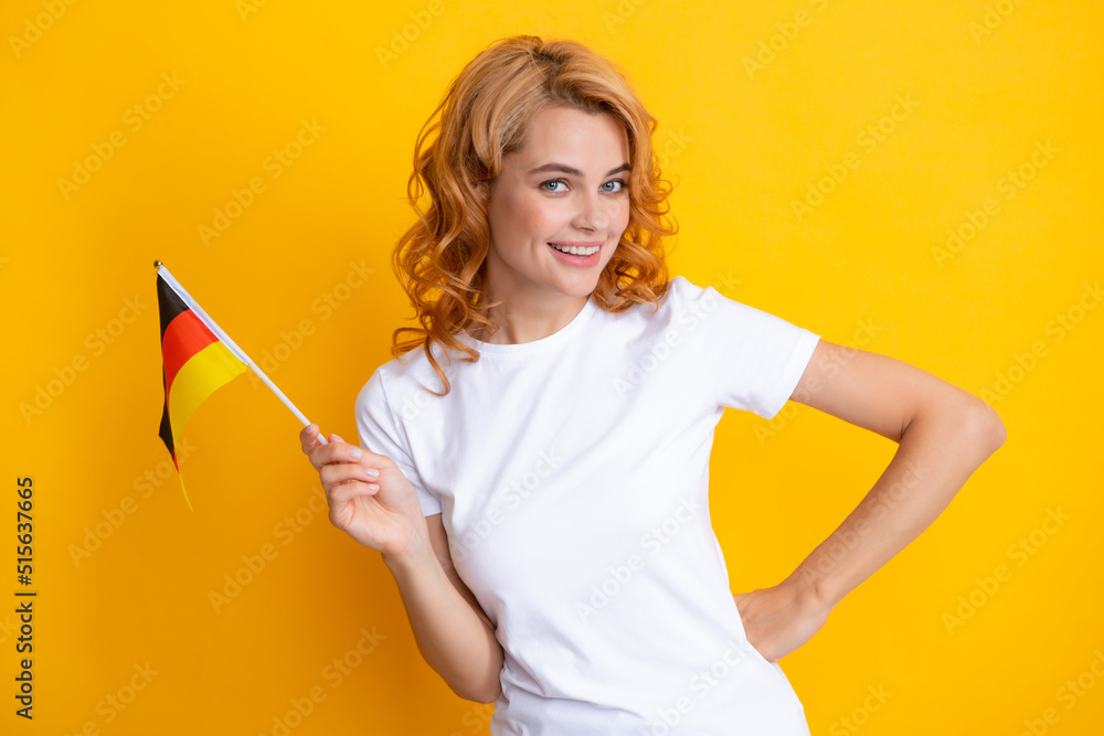 Germany womam with german flag, studio portrait. Happy woman holding flag of Germany, immigration and travelling in Europe. Deutschland, deutsche flag. Germany flag, study in Germany. Germany womam with german flag, studio portrait. Happy woman holding flag of Germany, immigration and travelling in Europe. Deutschland, deutsche flag. Germany flag, study in Germany.