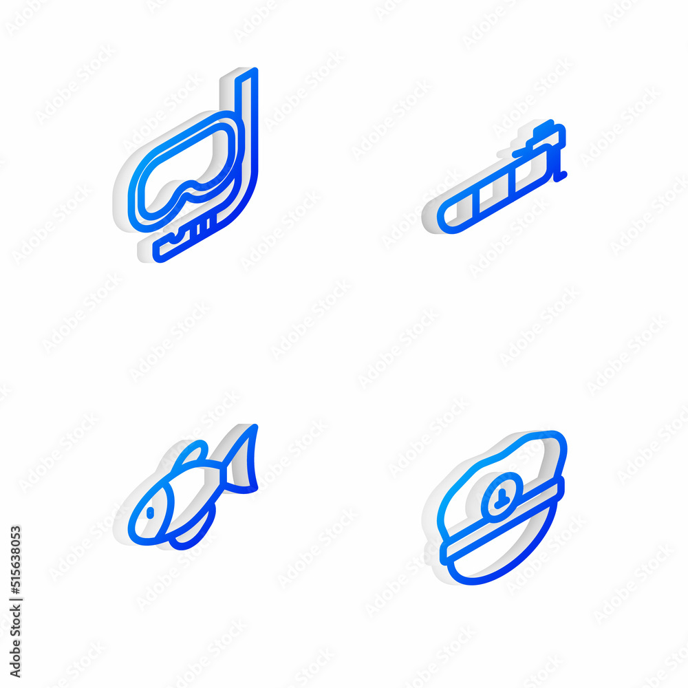 Set Isometric line Inflatable boat with motor, Diving mask and snorkel, Fish and Captain hat icon. Vector Set Isometric line Inflatable boat with motor, Diving mask and snorkel, Fish and Captain hat icon. Vector